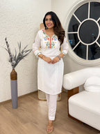 White Cotton Embroidered & Khatli Hand Work Kurta Pant Set for Women | Premium Ethnic Wear