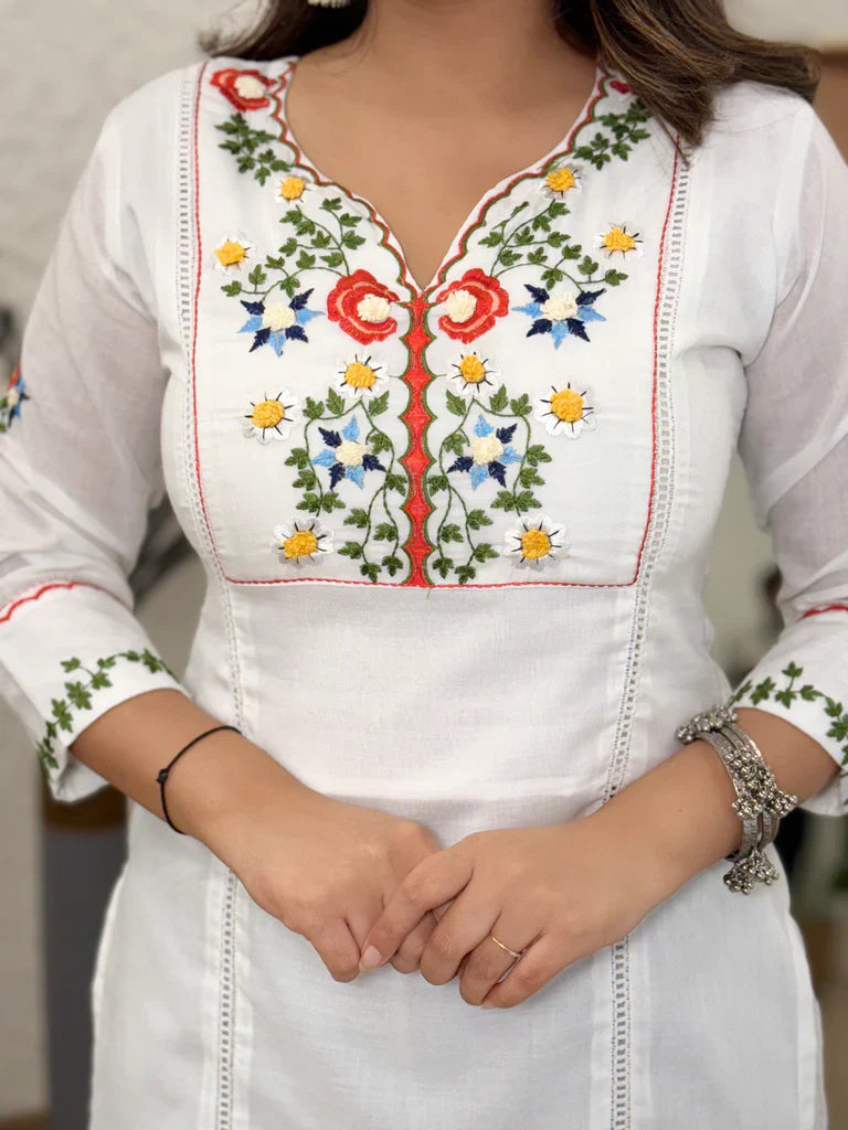White Cotton Embroidered & Khatli Hand Work Kurta Pant Set for Women | Premium Ethnic Wear