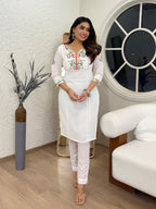 White Cotton Embroidered & Khatli Hand Work Kurta Pant Set for Women | Premium Ethnic Wear
