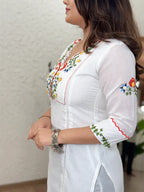 White Cotton Embroidered & Khatli Hand Work Kurta Pant Set for Women | Premium Ethnic Wear