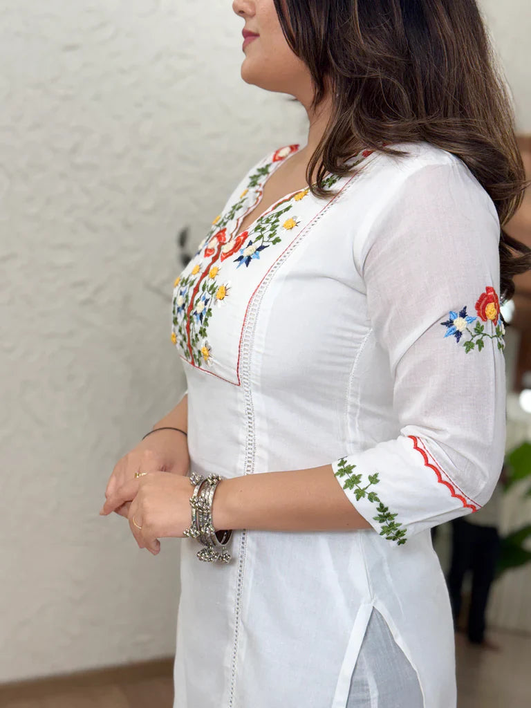 White Cotton Embroidered & Khatli Hand Work Kurta Pant Set for Women | Premium Ethnic Wear