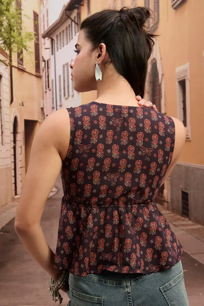 Black Ethnic Print V-Neck Tie-Up Top – Indo Fusion Chic