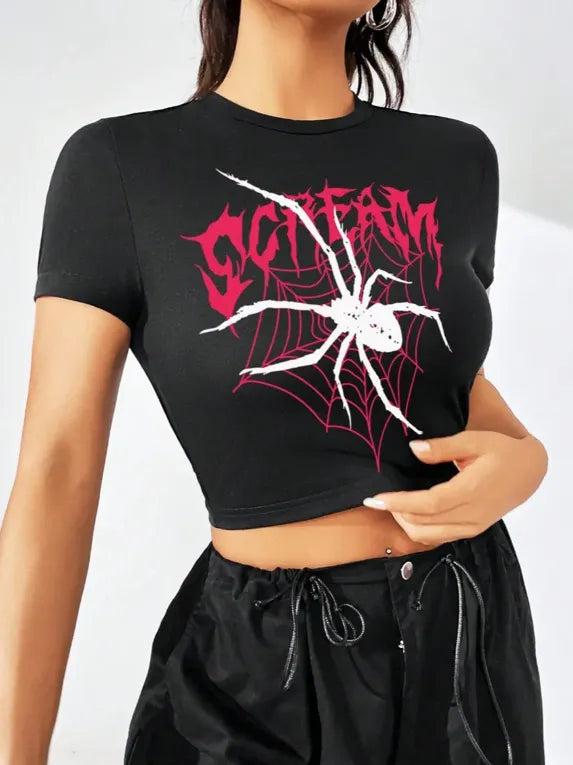 Clovyn Black Spider Graphic Crop T-Shirt
