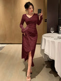 Wine V-Neck Ruched Glitter Midi Dress – Luxe Night Edition