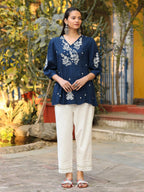 Blue Embroidered V-Neck Peasant Tunic for Women | Boho Casual Chic Wear