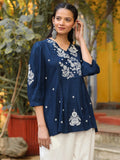 Blue Embroidered V-Neck Peasant Tunic for Women | Boho Casual Chic Wear