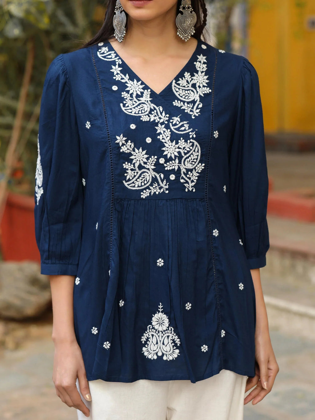 Blue Embroidered V-Neck Peasant Tunic for Women | Boho Casual Chic Wear