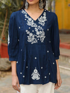 Blue Embroidered V-Neck Peasant Tunic for Women | Boho Casual Chic Wear