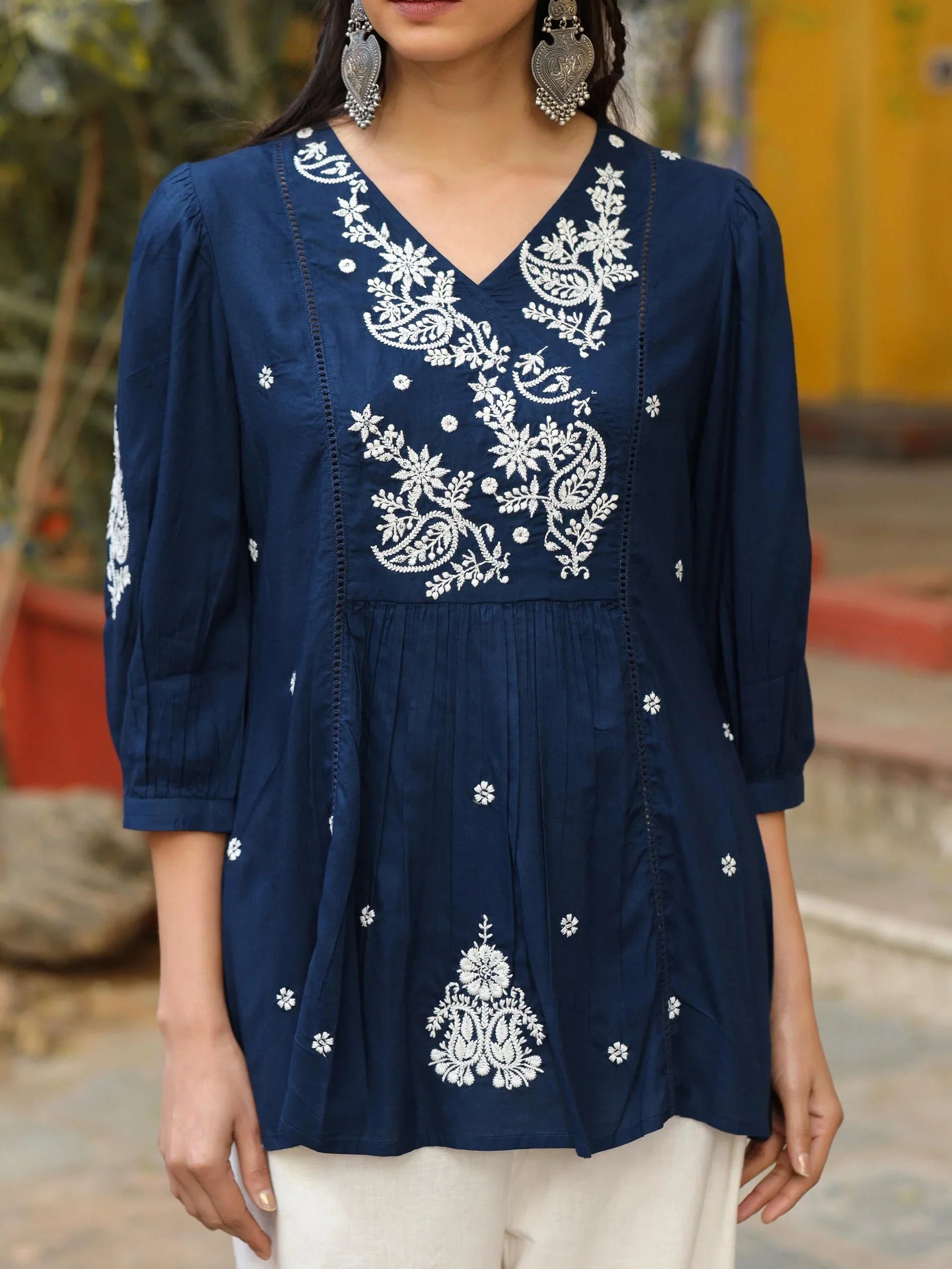 Blue Embroidered V-Neck Peasant Tunic for Women | Boho Casual Chic Wear