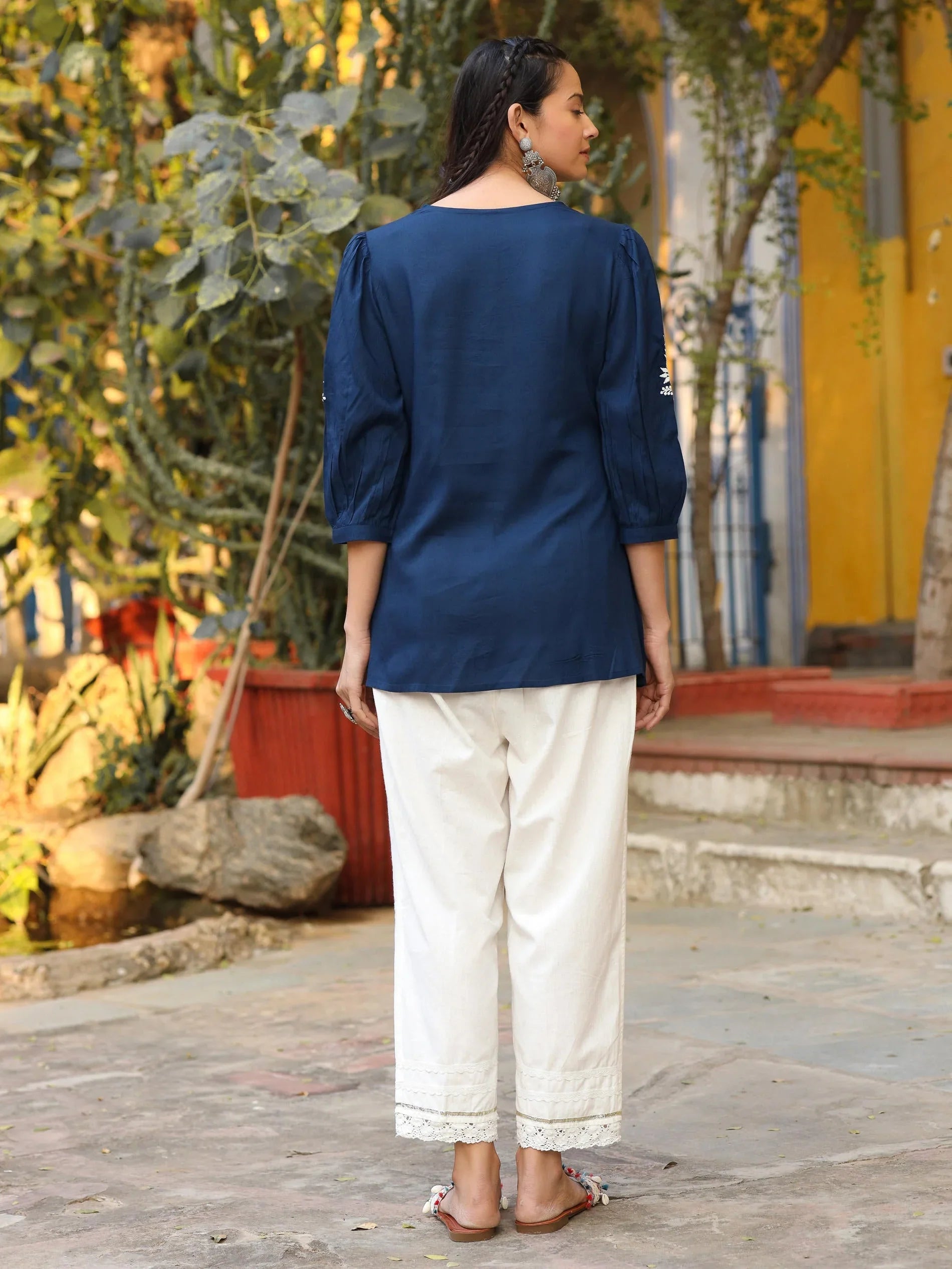 Blue Embroidered V-Neck Peasant Tunic for Women | Boho Casual Chic Wear
