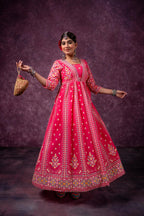 Pink Ethnic Printed Cotton Anarkali Kurta for Women | Festive A-Line Flared Wear
