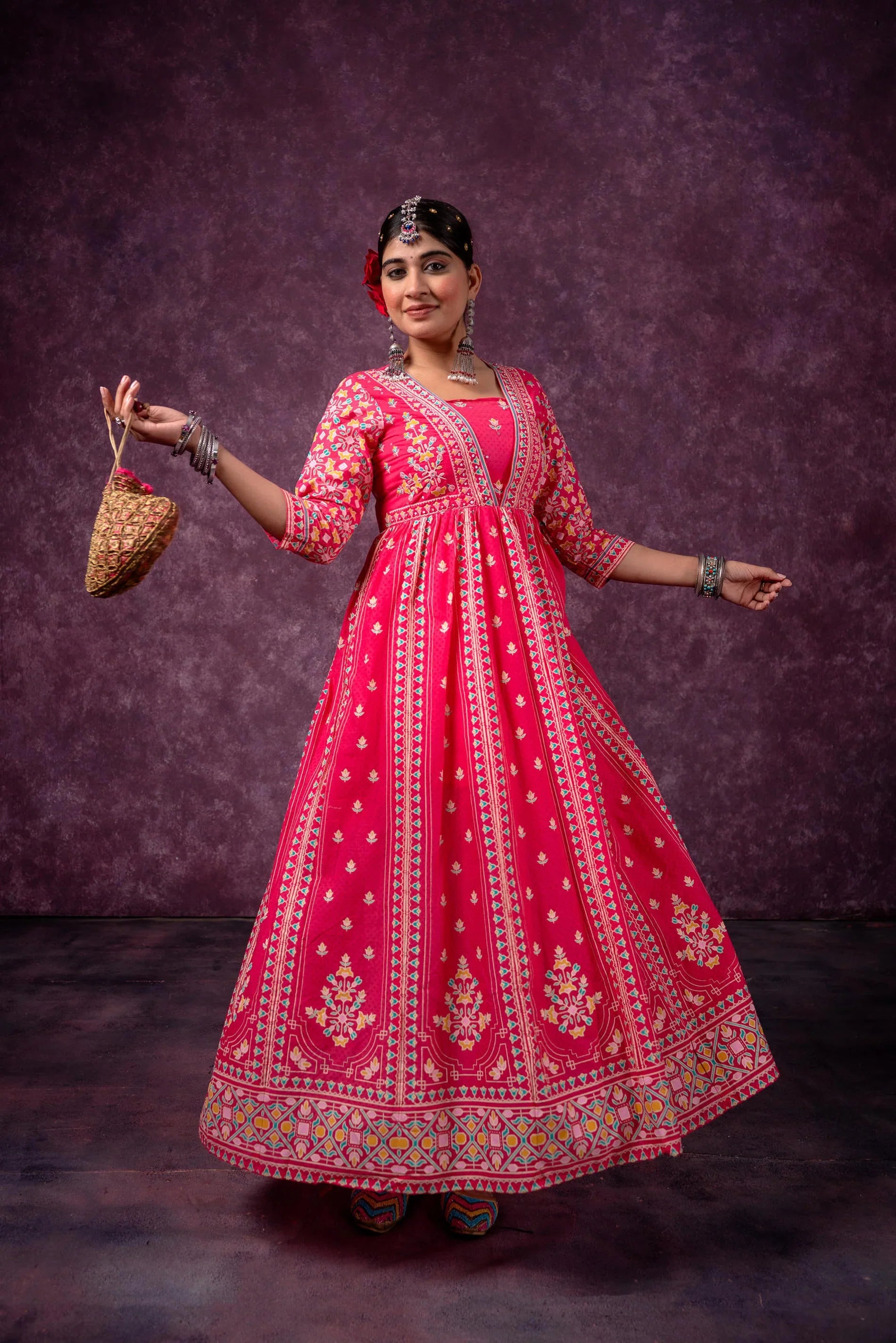 Pink Ethnic Printed Cotton Anarkali Kurta for Women | Festive A-Line Flared Wear