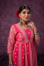 Pink Ethnic Printed Cotton Anarkali Kurta for Women | Festive A-Line Flared Wear
