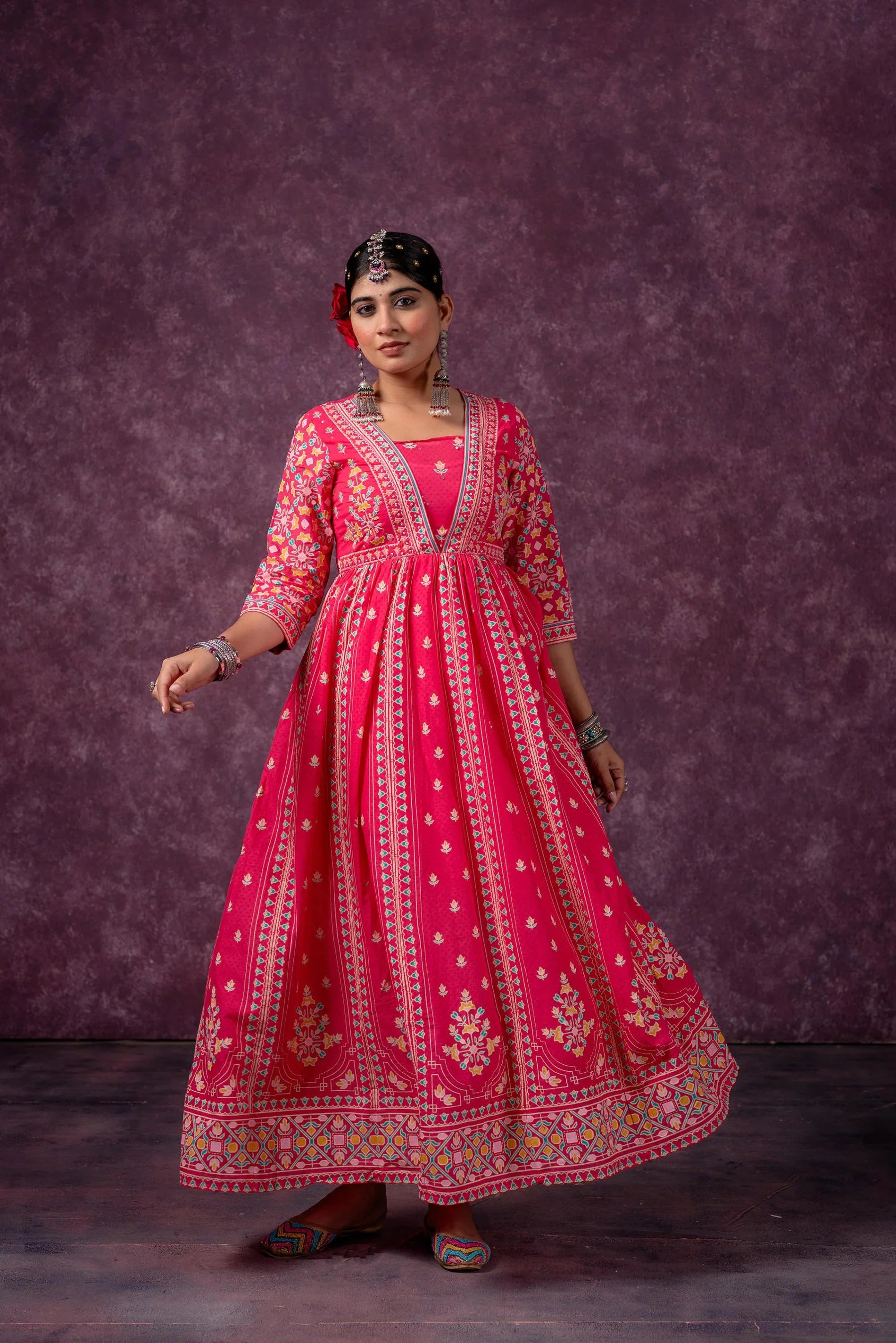 Pink Ethnic Printed Cotton Anarkali Kurta for Women | Festive A-Line Flared Wear