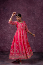 Pink Ethnic Printed Cotton Anarkali Kurta for Women | Festive A-Line Flared Wear