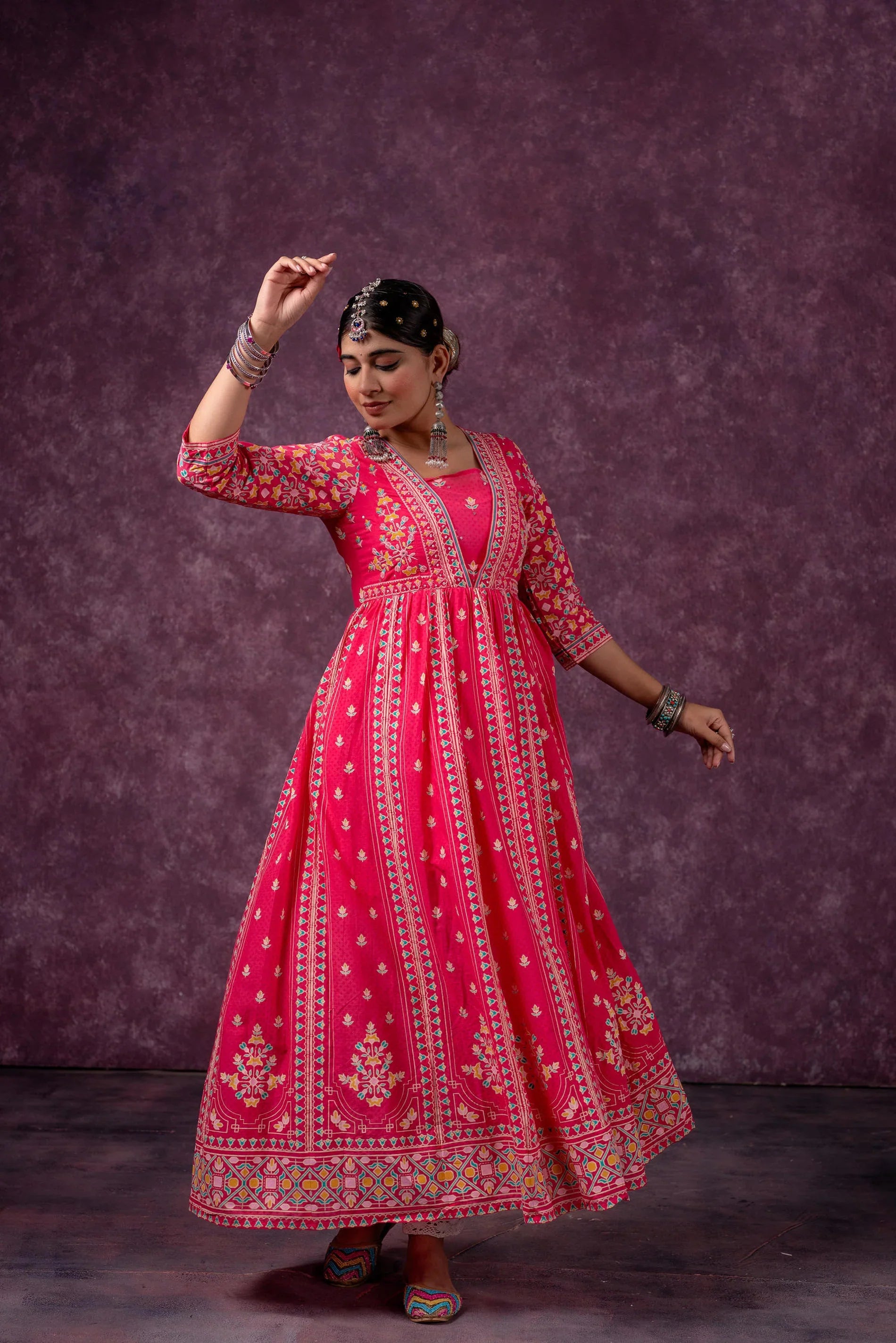 Pink Ethnic Printed Cotton Anarkali Kurta for Women | Festive A-Line Flared Wear