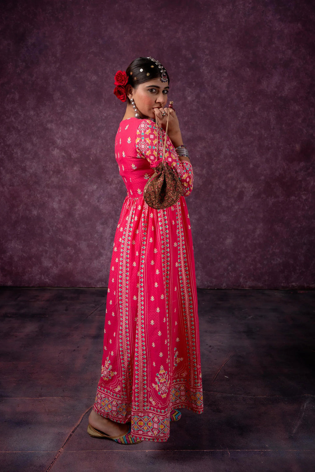 Pink Ethnic Printed Cotton Anarkali Kurta for Women | Festive A-Line Flared Wear