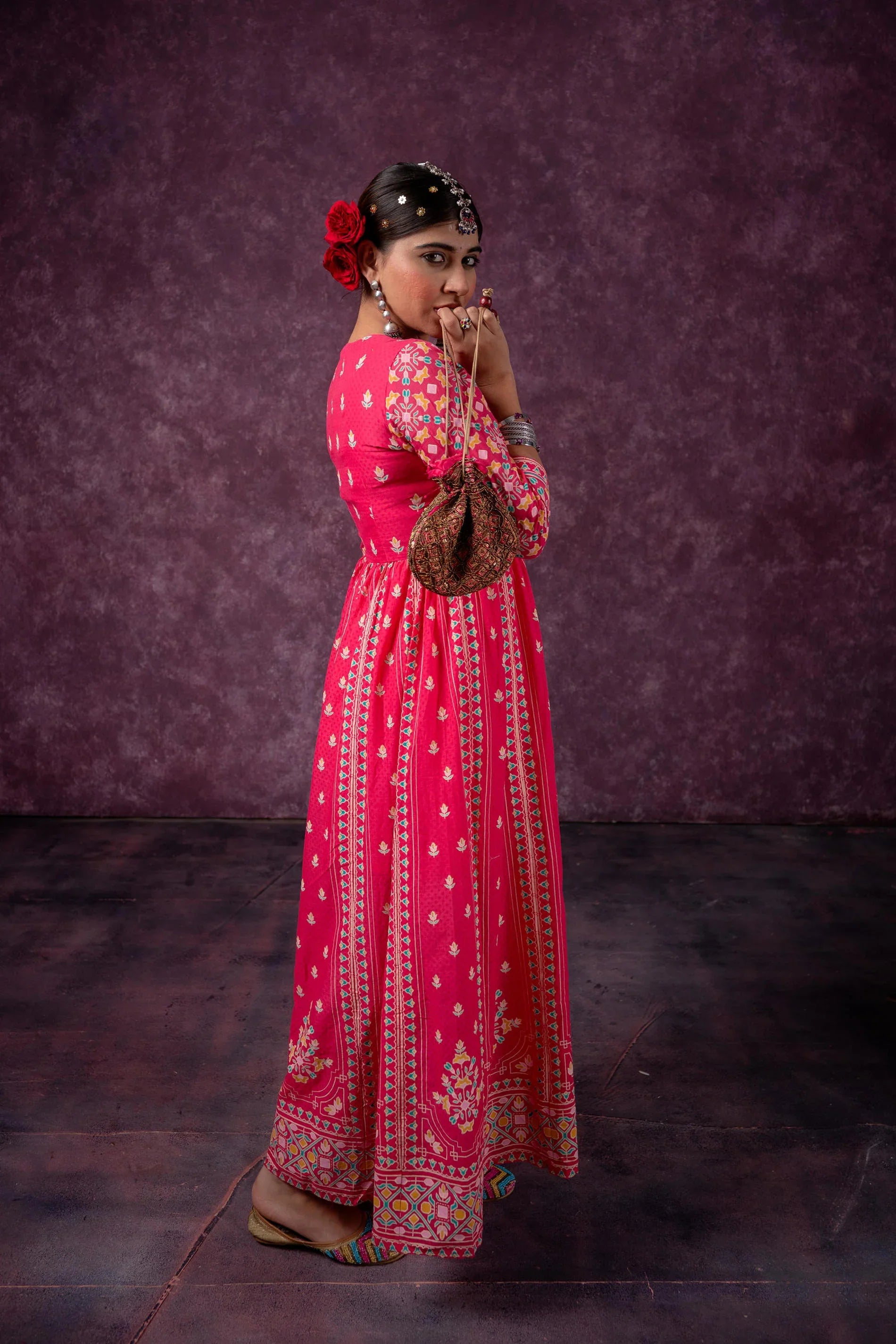 Pink Ethnic Printed Cotton Anarkali Kurta for Women | Festive A-Line Flared Wear