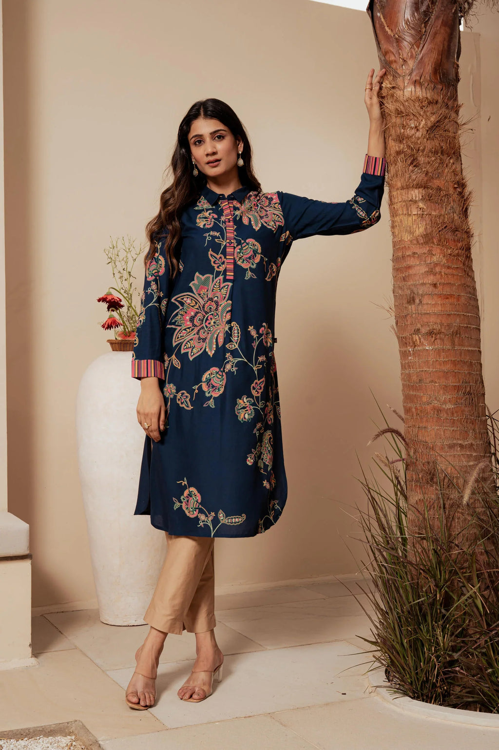 Midnight Blue Floral Printed Viscose Kurta for Women with Button Detailing | Elegant Everyday & Evening Wear