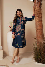 Midnight Blue Floral Printed Viscose Kurta for Women with Button Detailing | Elegant Everyday & Evening Wear