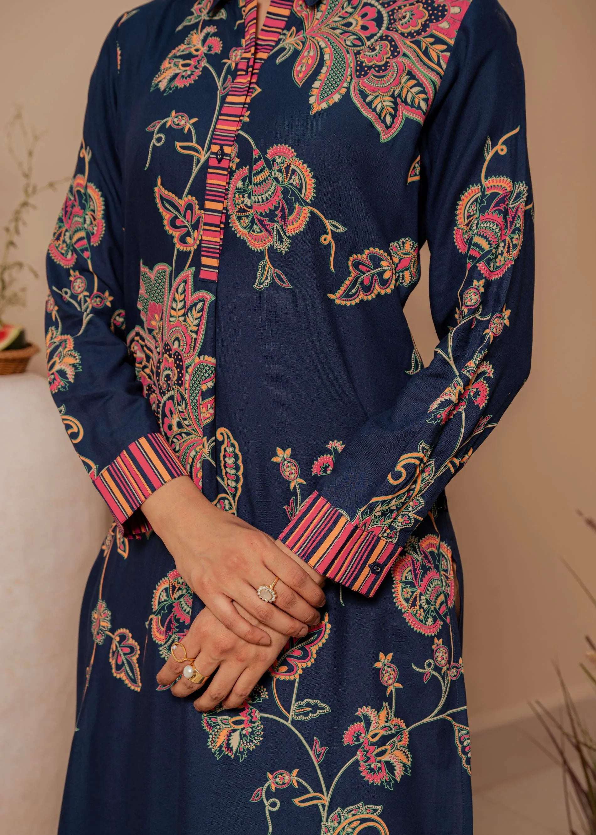 Midnight Blue Floral Printed Viscose Kurta for Women with Button Detailing | Elegant Everyday & Evening Wear