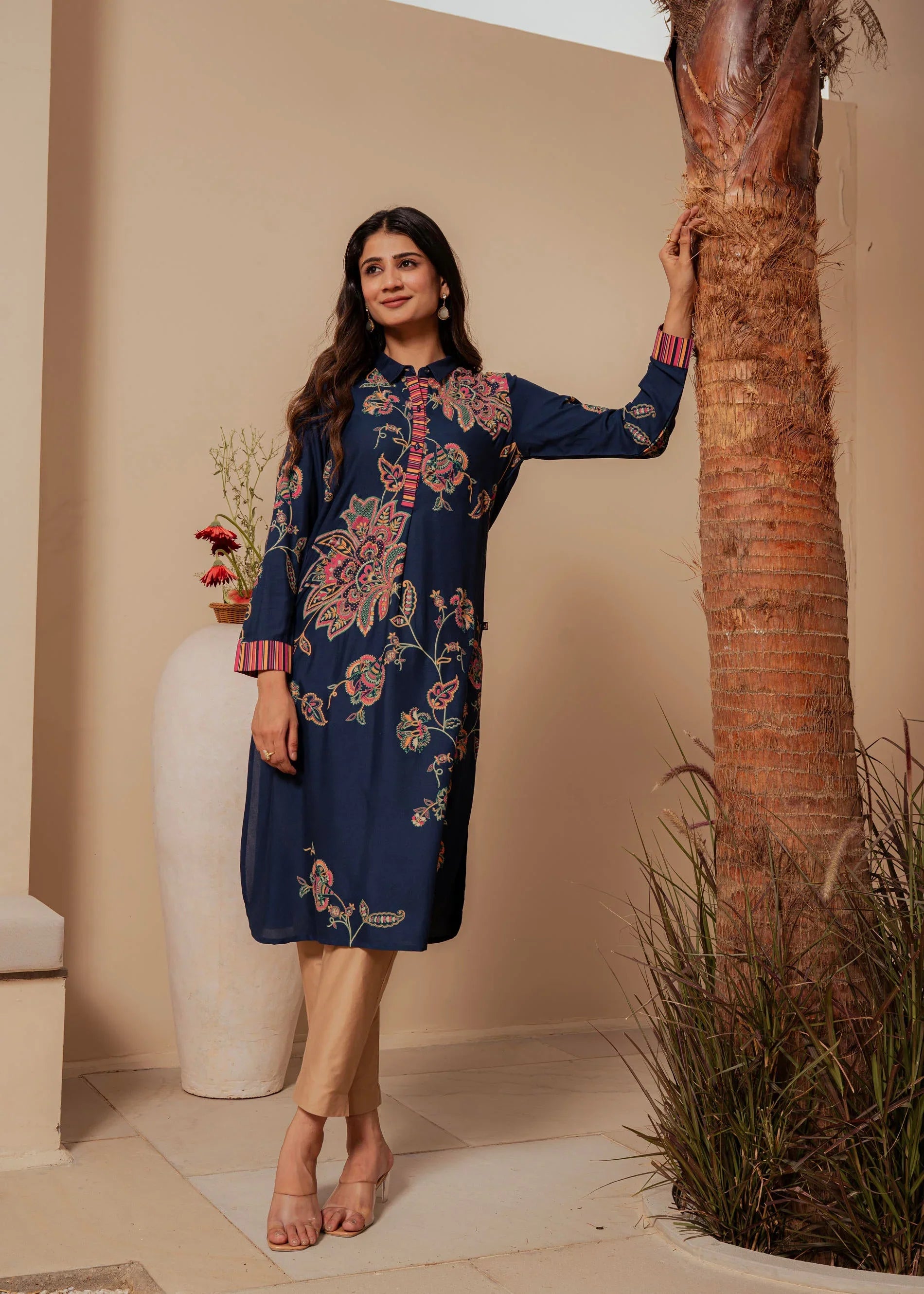 Midnight Blue Floral Printed Viscose Kurta for Women with Button Detailing | Elegant Everyday & Evening Wear