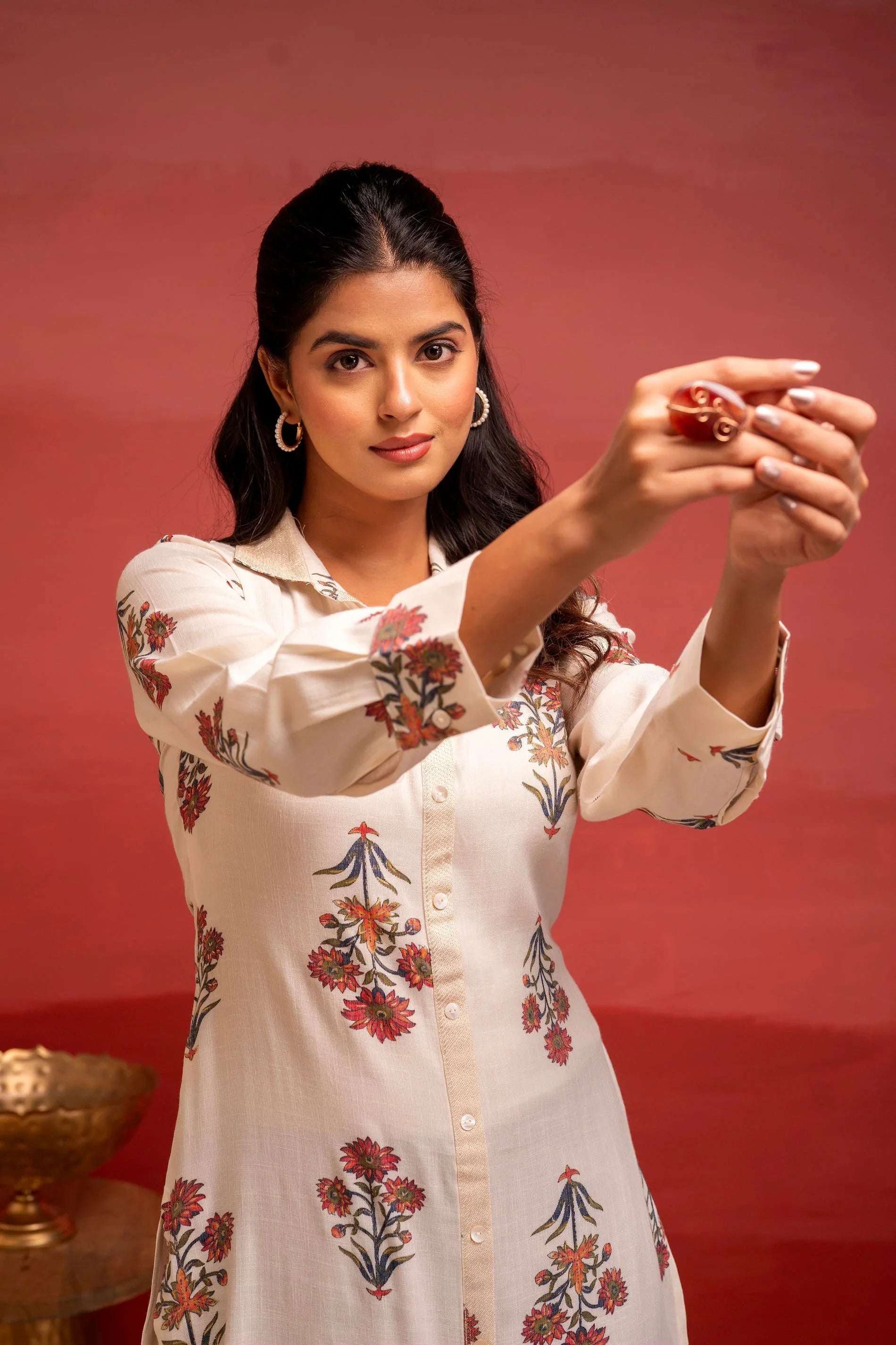 White Floral Printed Viscose Kurta for Women with Button Detailing | Elegant Everyday Wear
