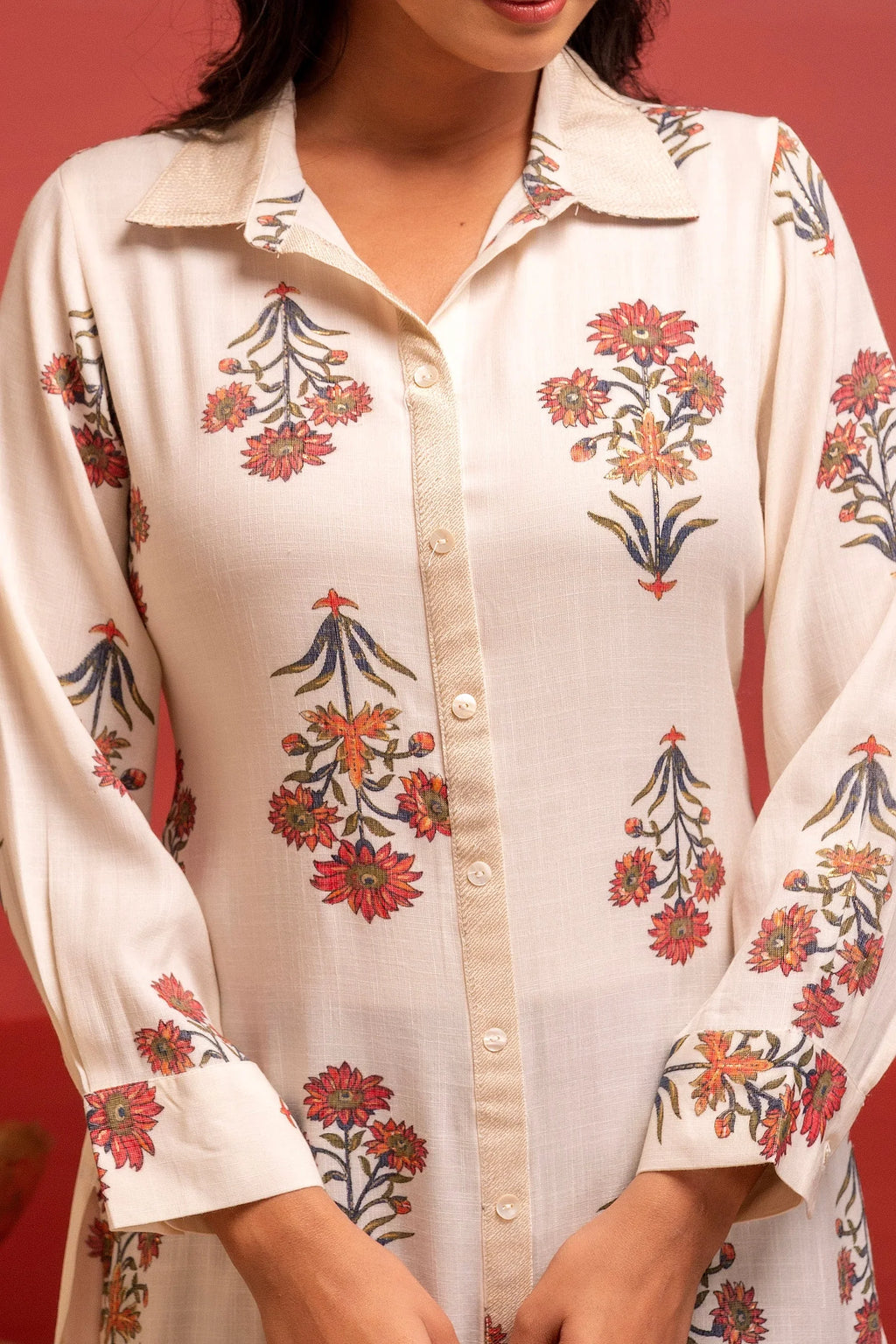 White Floral Printed Viscose Kurta for Women with Button Detailing | Elegant Everyday Wear