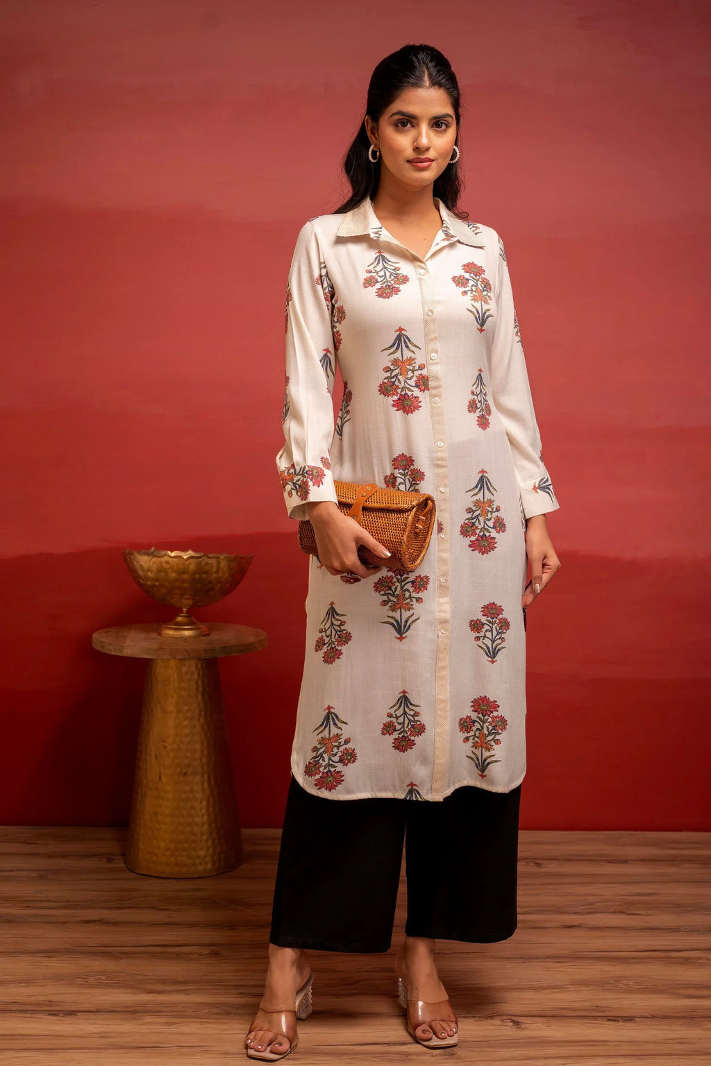 White Floral Printed Viscose Kurta for Women with Button Detailing | Elegant Everyday Wear