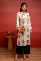 White Floral Printed Viscose Kurta for Women with Button Detailing | Elegant Everyday Wear