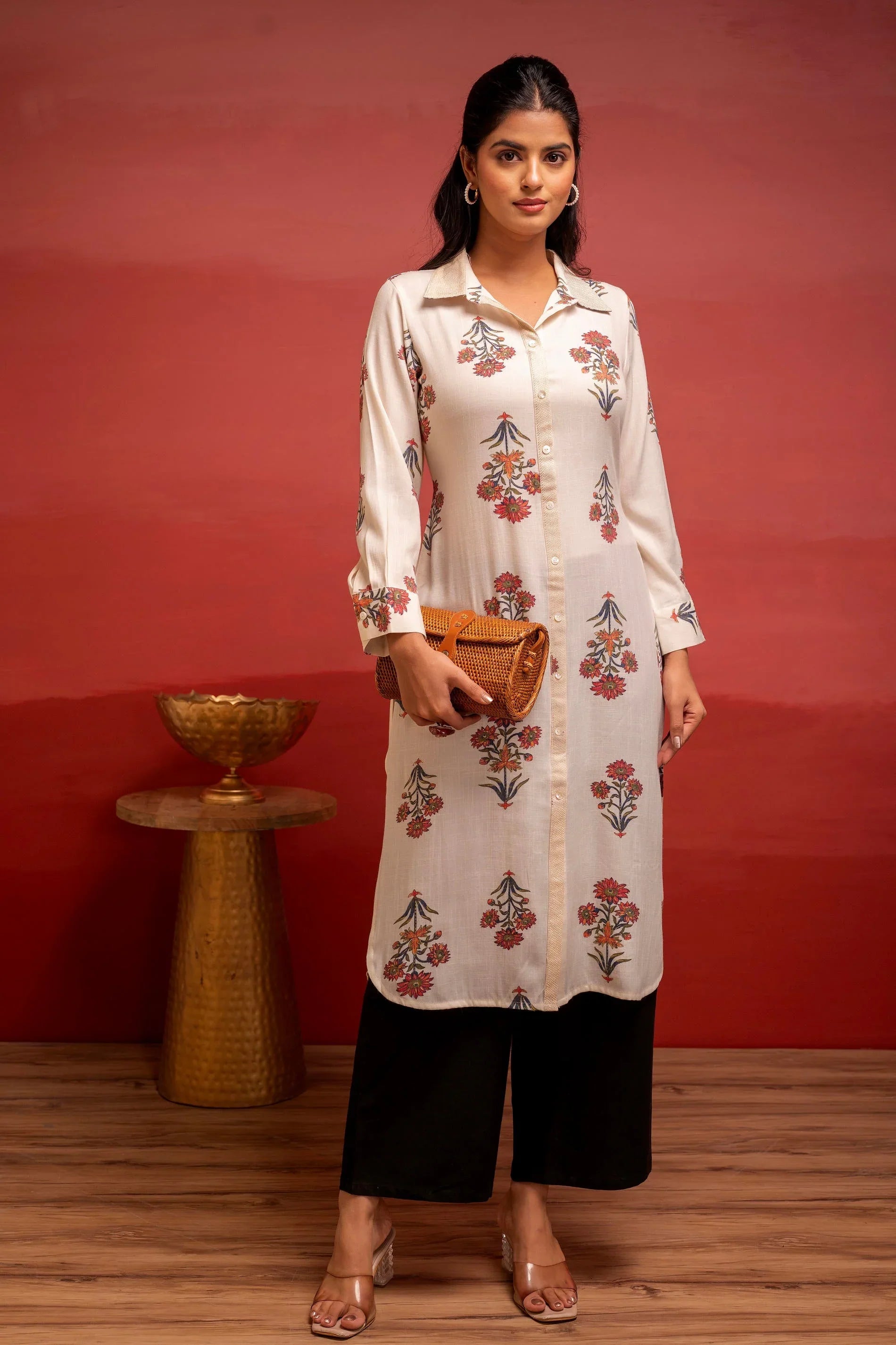 White Floral Printed Viscose Kurta for Women with Button Detailing | Elegant Everyday Wear