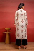 White Floral Printed Viscose Kurta for Women with Button Detailing | Elegant Everyday Wear