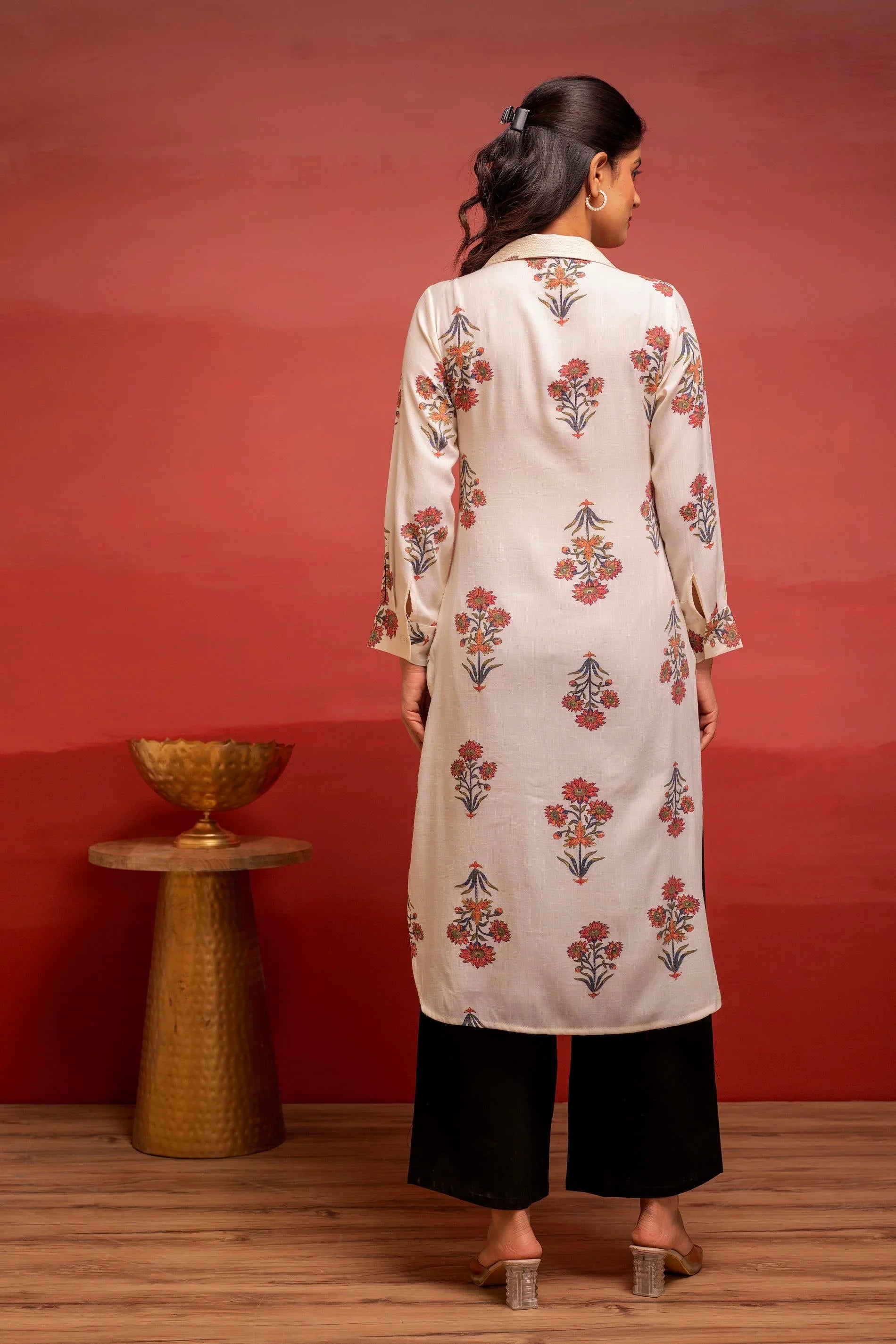 White Floral Printed Viscose Kurta for Women with Button Detailing | Elegant Everyday Wear