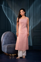 Pink Ethnic Motifs Sequin Kurta for Women | Elegant Festive Wear in Man-Made Fiber