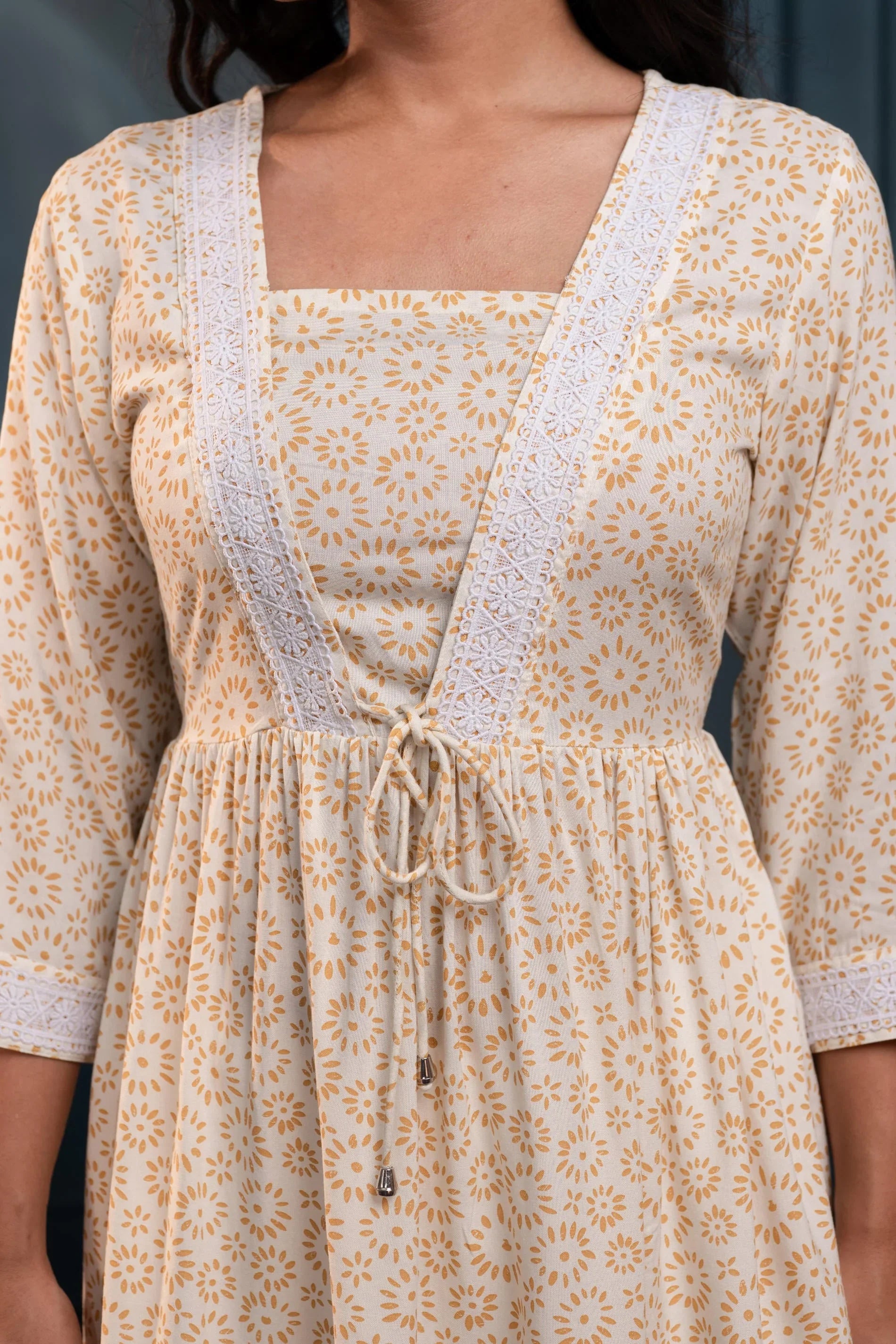 Off-White & Mustard Floral Printed Viscose Tunic for Women | Elegant Casual Chic Wear