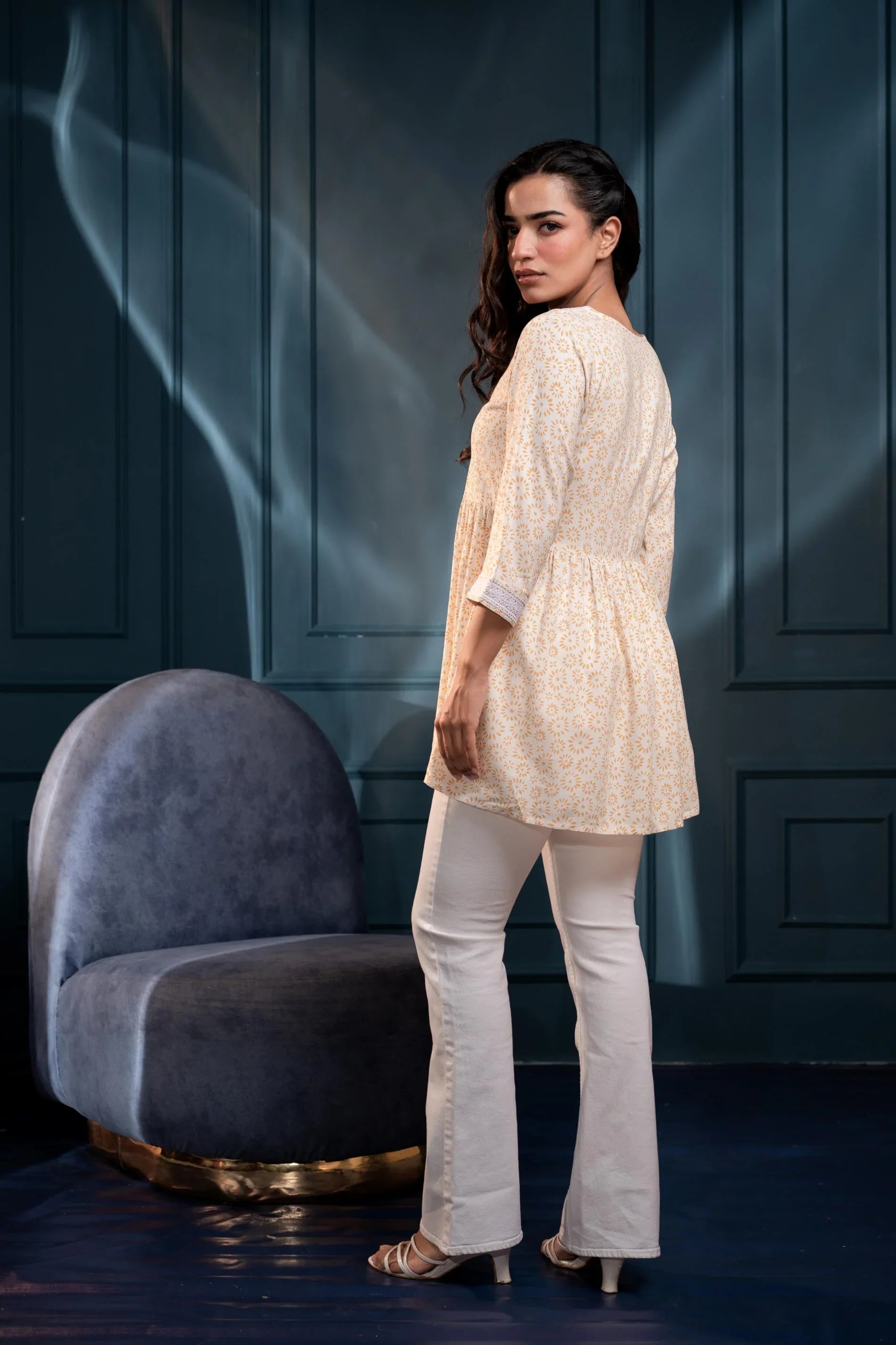 Off-White & Mustard Floral Printed Viscose Tunic for Women | Elegant Casual Chic Wear