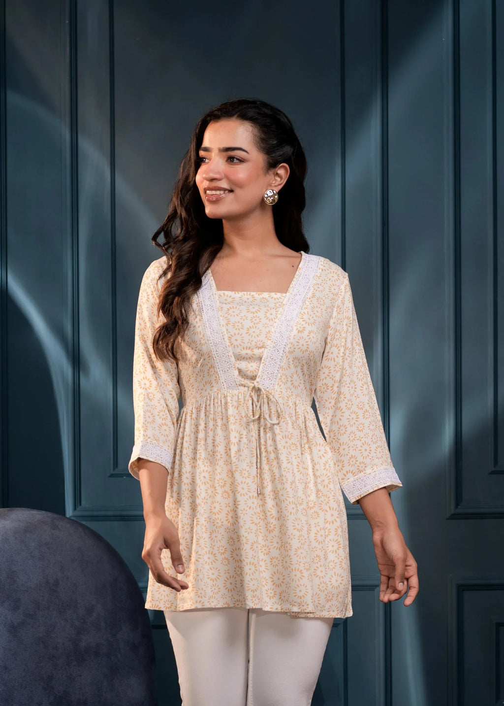 Off-White & Mustard Floral Printed Viscose Tunic for Women | Elegant Casual Chic Wear