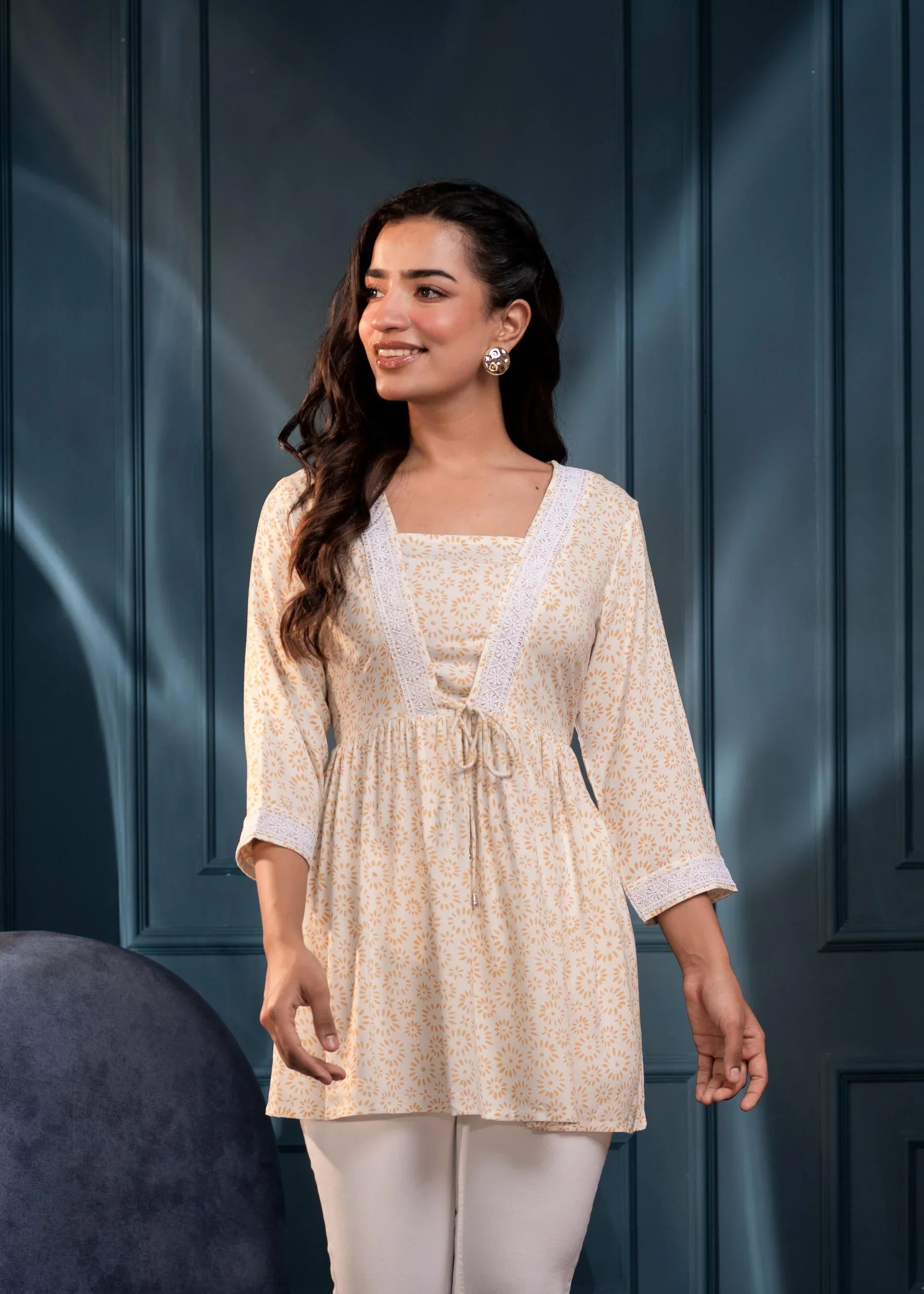Off-White & Mustard Floral Printed Viscose Tunic for Women | Elegant Casual Chic Wear