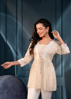 Off-White & Mustard Floral Printed Viscose Tunic for Women | Elegant Casual Chic Wear