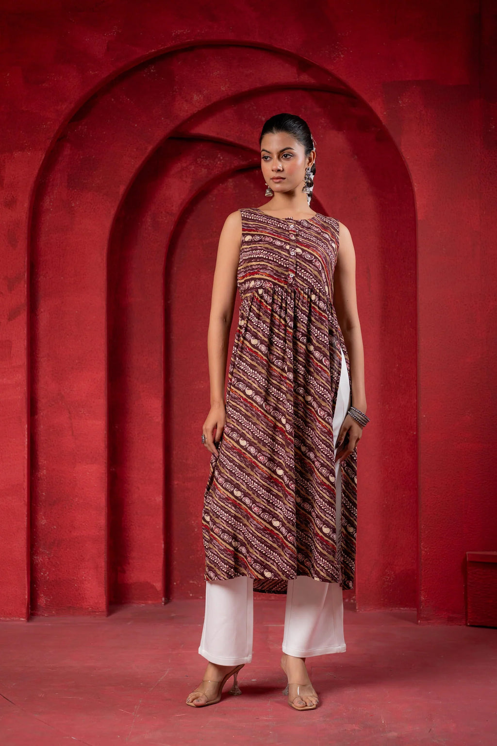 Pink Ethnic Motif Printed Sleeveless Kurta for Women | Elegant Summer Ethnic Wear