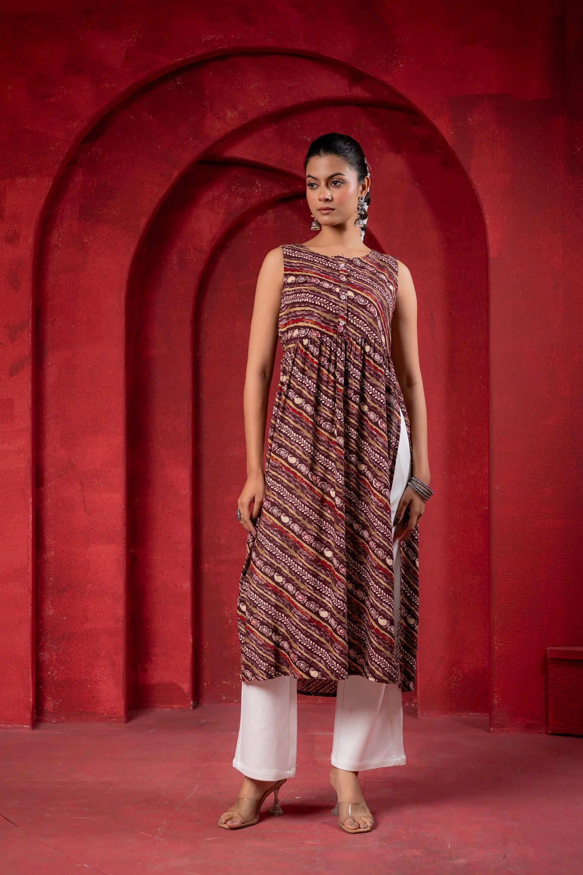 Pink Ethnic Motif Printed Sleeveless Kurta for Women | Elegant Summer Ethnic Wear