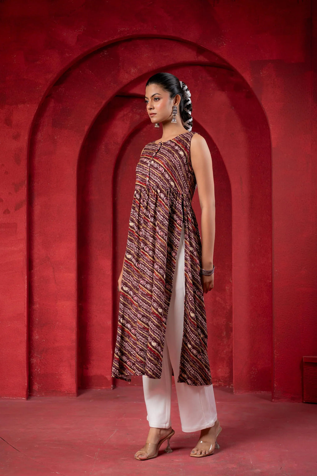 Pink Ethnic Motif Printed Sleeveless Kurta for Women | Elegant Summer Ethnic Wear