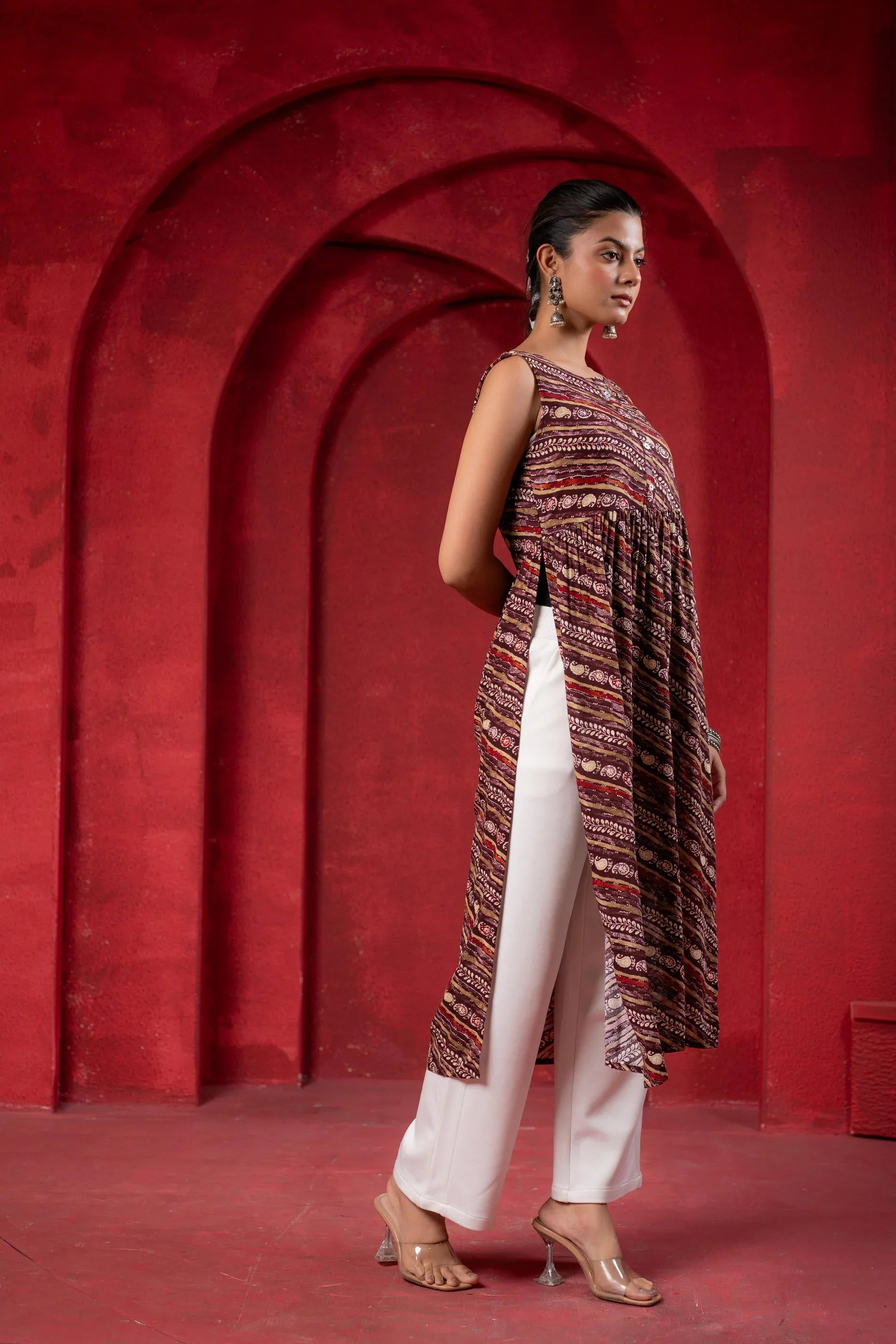 Pink Ethnic Motif Printed Sleeveless Kurta for Women | Elegant Summer Ethnic Wear