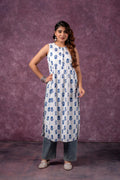 Indigo Leaf Printed Sleeveless Long Kurta for Women | Breezy Summer Ethnic Wear