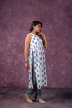 Indigo Leaf Printed Sleeveless Long Kurta for Women | Breezy Summer Ethnic Wear