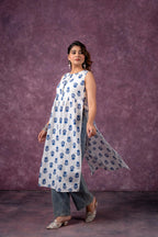 Indigo Leaf Printed Sleeveless Long Kurta for Women | Breezy Summer Ethnic Wear