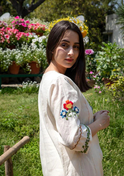Off White Embroidered Cotton Kurta & Pant Set for Women | Elegant Premium Ethnic Wear