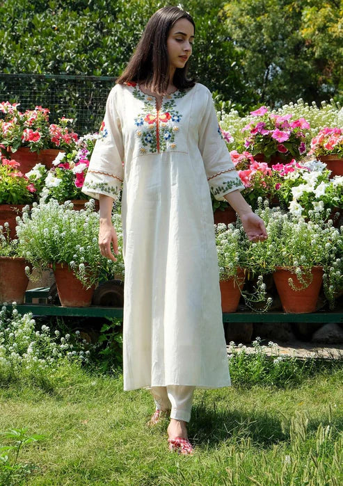 Off White Embroidered Cotton Kurta & Pant Set for Women | Elegant Premium Ethnic Wear