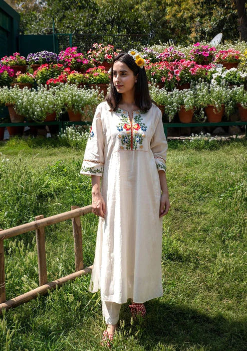 Off White Embroidered Cotton Kurta & Pant Set for Women | Elegant Premium Ethnic Wear