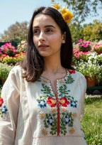 Off White Embroidered Cotton Kurta & Pant Set for Women | Elegant Premium Ethnic Wear